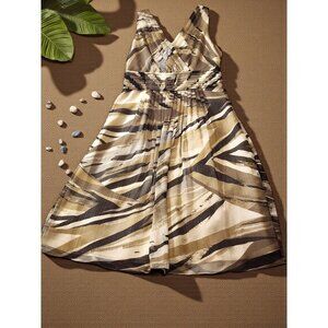 Banana Republic Pleated V-Neck Dress – Abstract Zebra Print Neutral Midi Sz 6